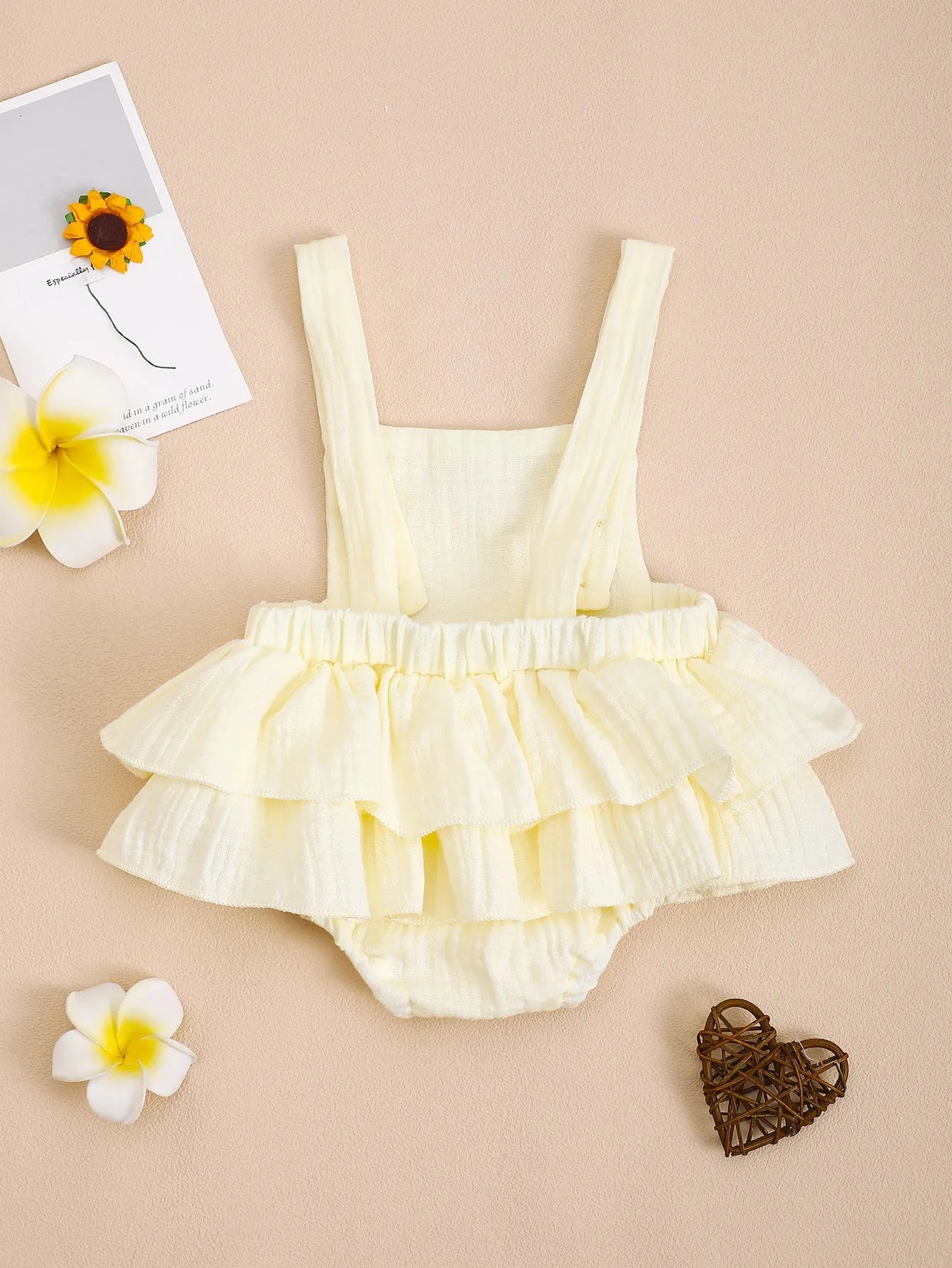 Baby girl cotton triangle jumpsuit summer dress in apricot, sleeveless with hidden hook closure