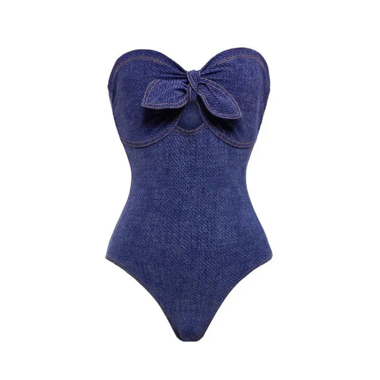 Women's vintage denim swimsuit one-piece with coordinating skirt in Y258 colour