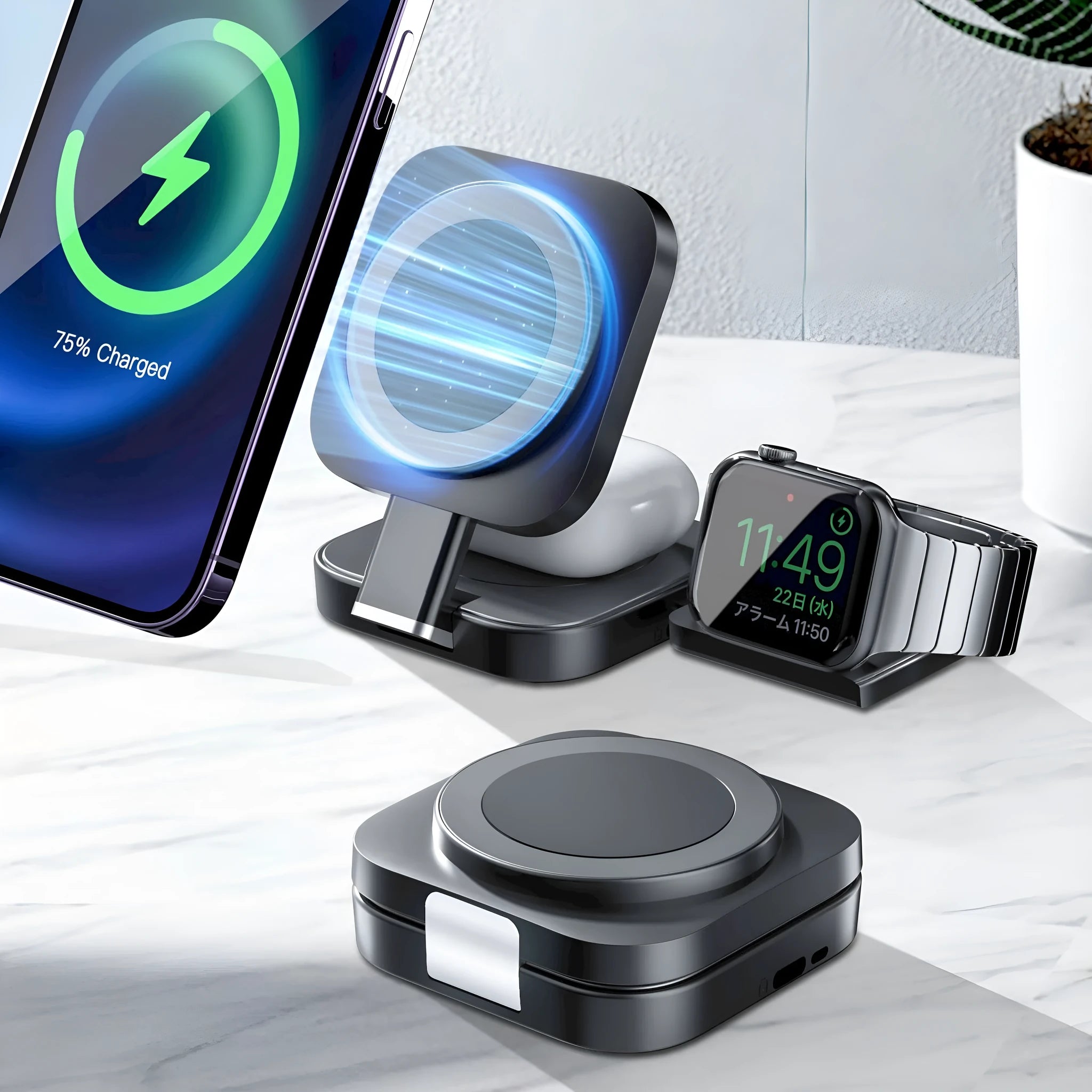 Desktop three-in-one wireless charger in black with Type-C interface, large and small pads for Apple 12 series