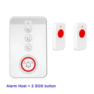 White elderly emergency alert device showing one central buzzer unit and three separate wireless panic buttons.