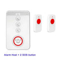 White elderly emergency alert device showing one central buzzer unit and three separate wireless panic buttons.