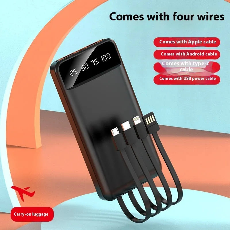 Black white red 20000mAh power bank with optional charging cable showing compact dimensions