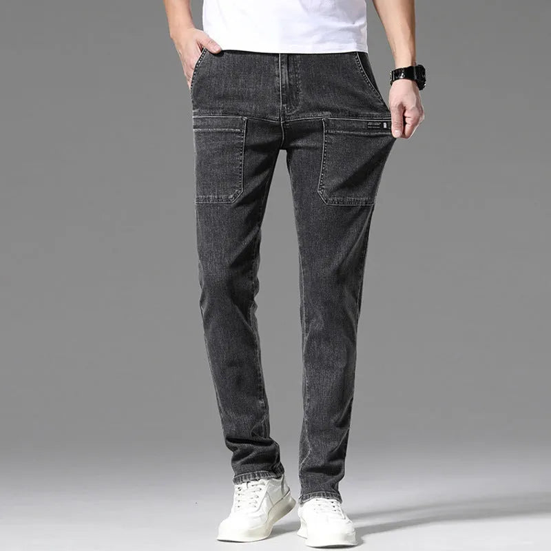 Men's straight-leg casual jeans in dark blue, showing multi pockets and mid waist fit