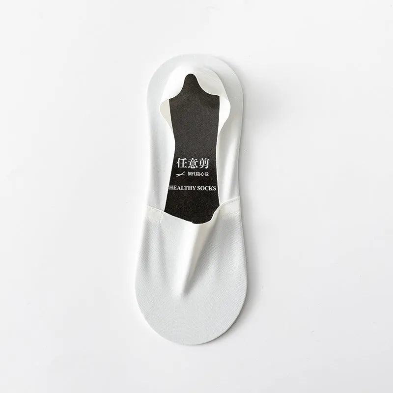 Men's seamless low-cut socks in ice silk and cotton fabric, shown in multiple colours including black, grey, and blue.