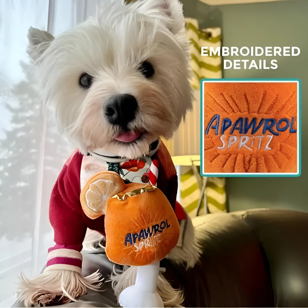 Yellow plush dog toy shaped like a wine glass with squeaker for interactive play.
