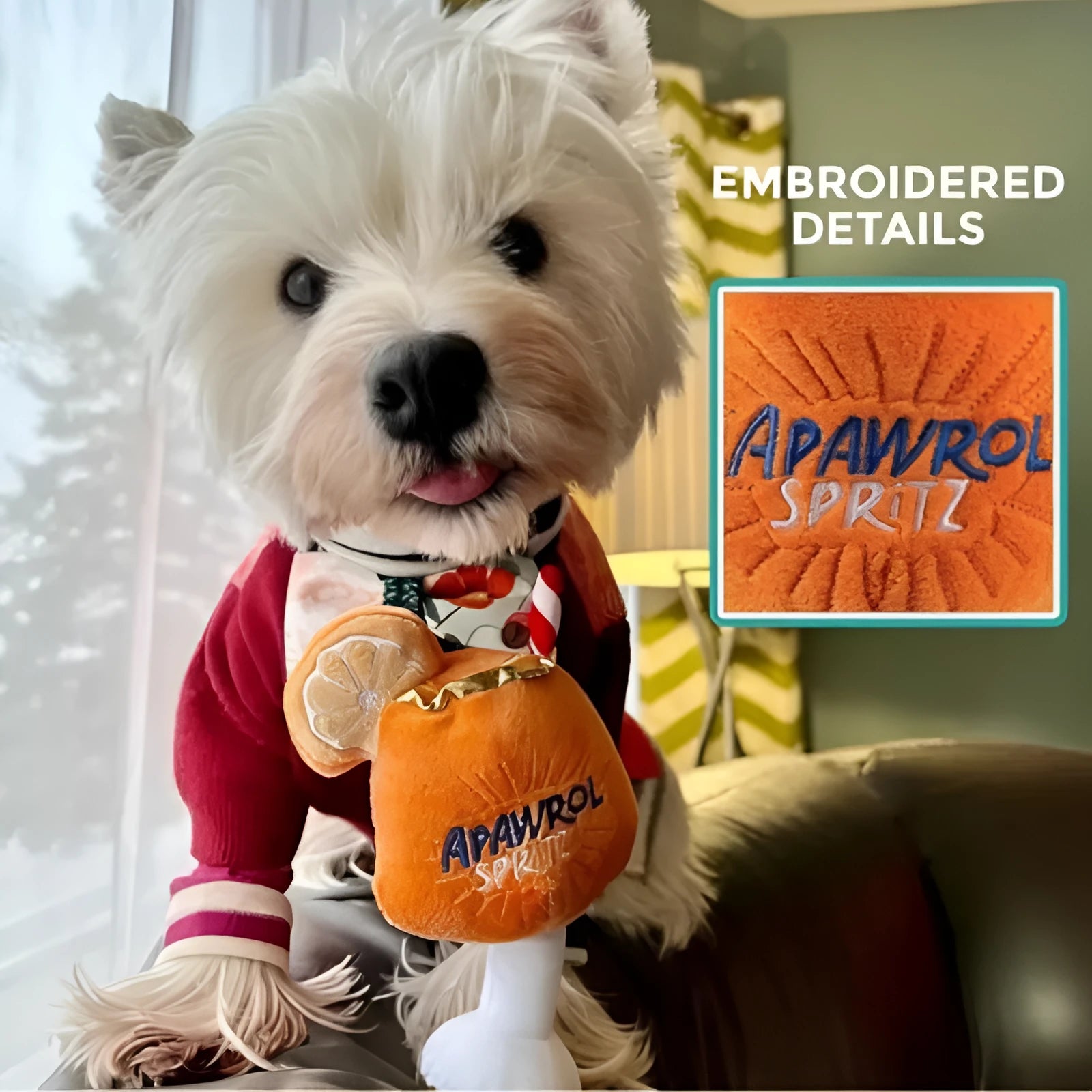 Yellow plush dog toy shaped like a wine glass with squeaker for interactive play.