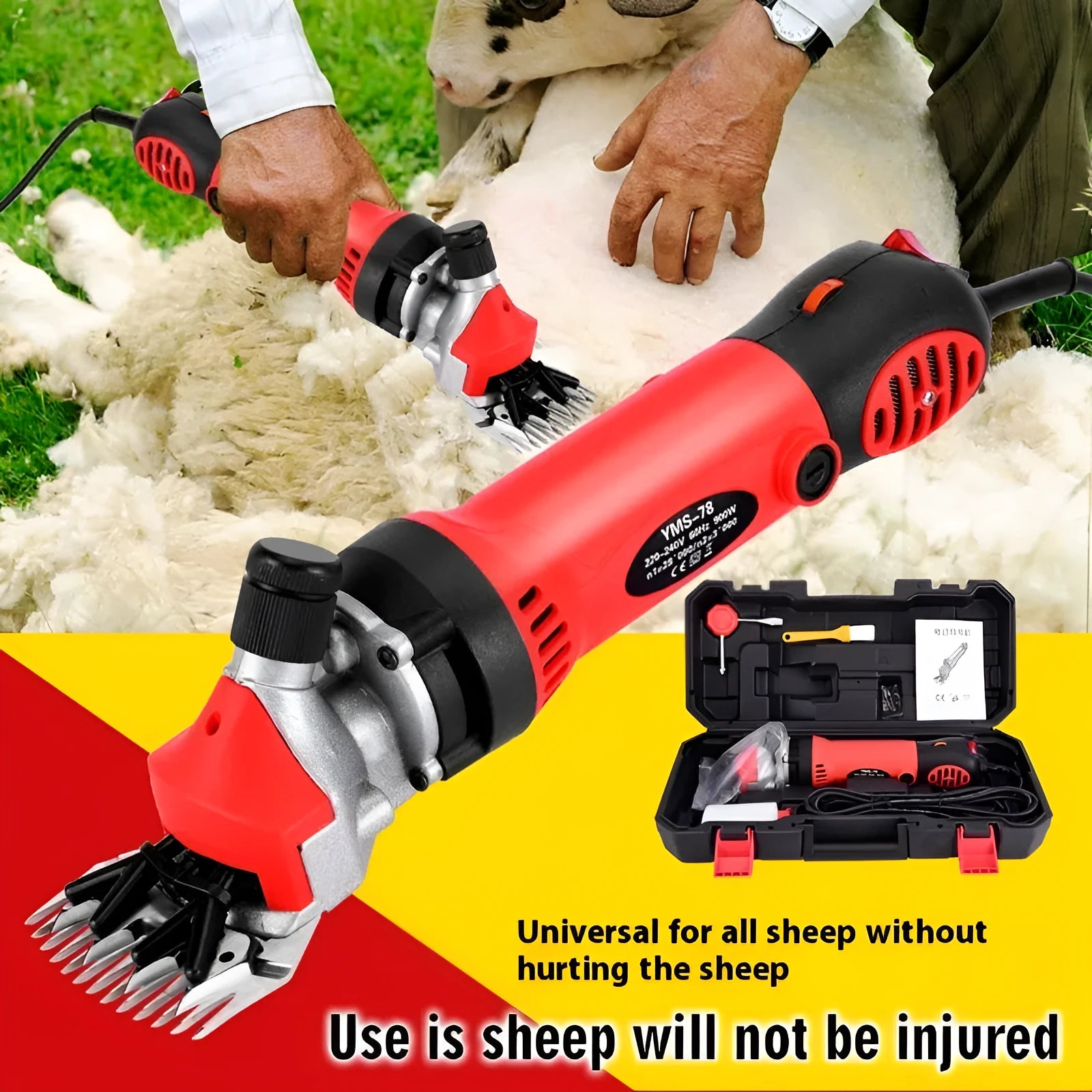 Yellow electric wool shearing handpiece with 110V plug, multiple steel blades, and maintenance tools in a plastic box.