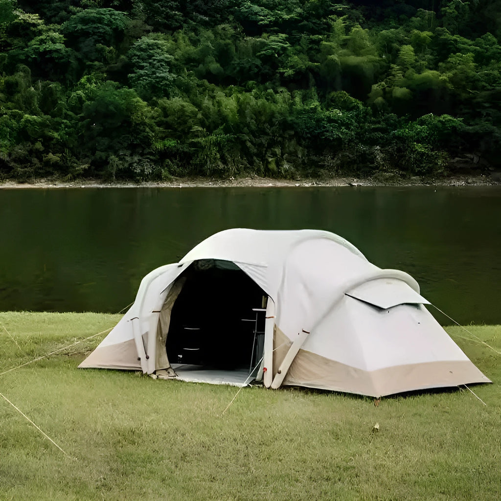Inflatable camping tent for 4 people with hand pump, double-sheet rainproof design, polyethylene base, set up outdoors