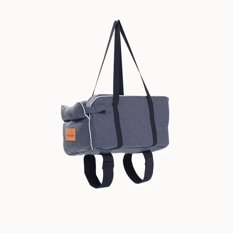 Folding pet car central control nest in dark blue or plaid, 49 x 25 x 21cm, with 1.5m shoulder strap for cats up to 12kg and dogs up to 8kg.
