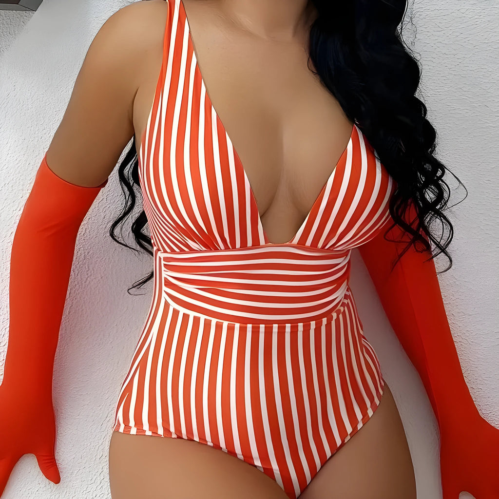 One-piece women's swimsuit with stripes pattern, polyester fabric, available in multi-colour options