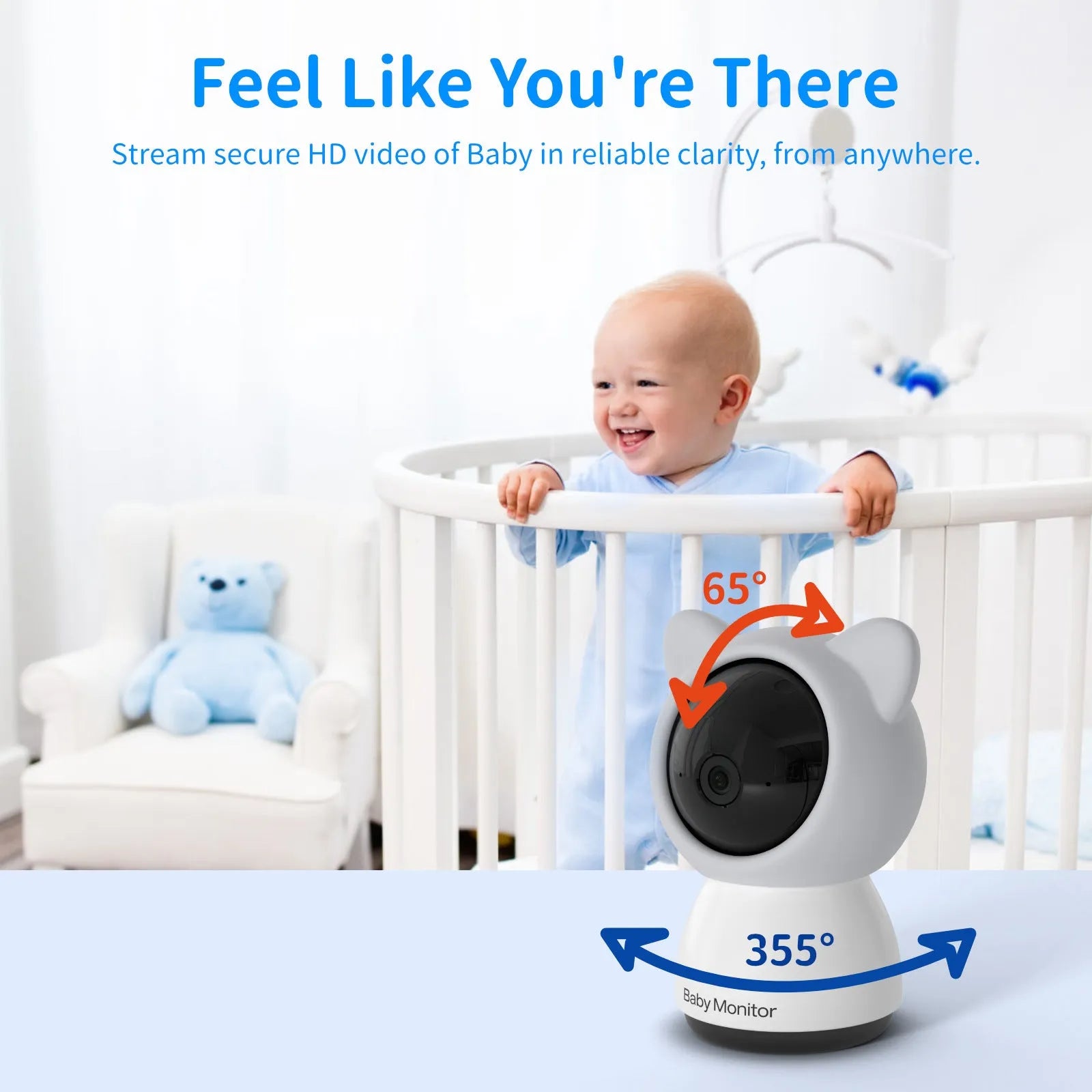 Baby monitor with 5-inch screen showing a clear 720P view of a baby in a cot, with controls for pan tilt and night vision