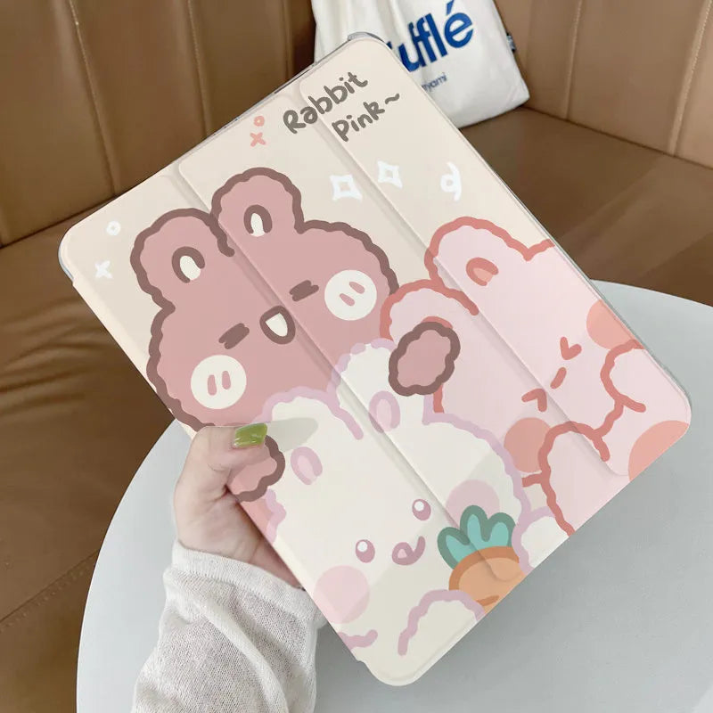 Silicone iPad case with a cartoon rabbit design lying flat, showing its tri-fold shape.
