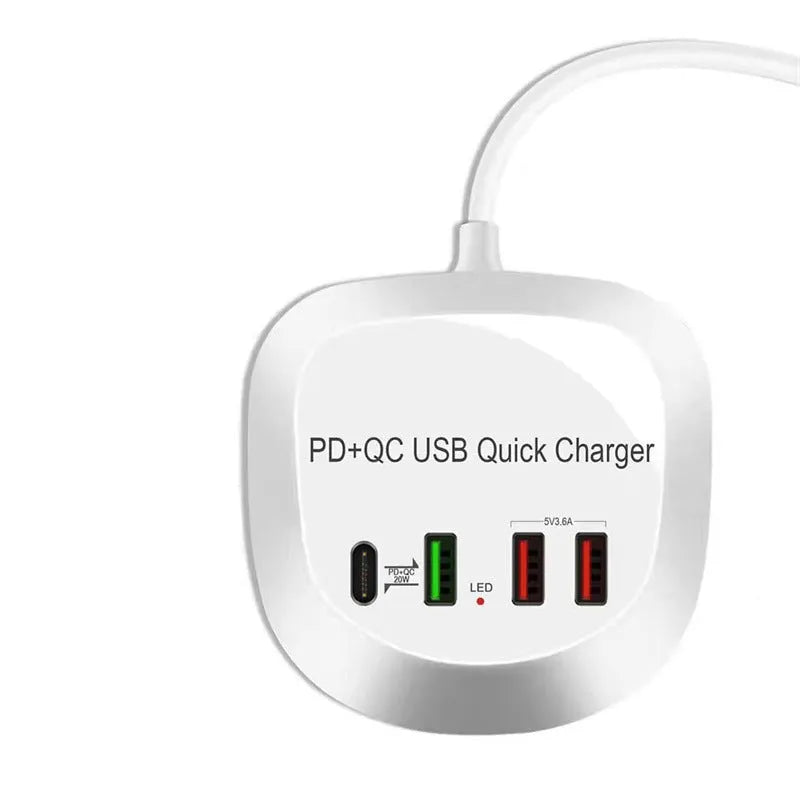 White 4-port USB charger with QC3.0, compact 90x31x86mm, with EU UK US plug adapters