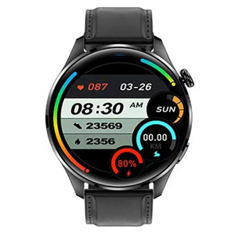 Black smartwatch with round colour screen and silicone strap on a wrist