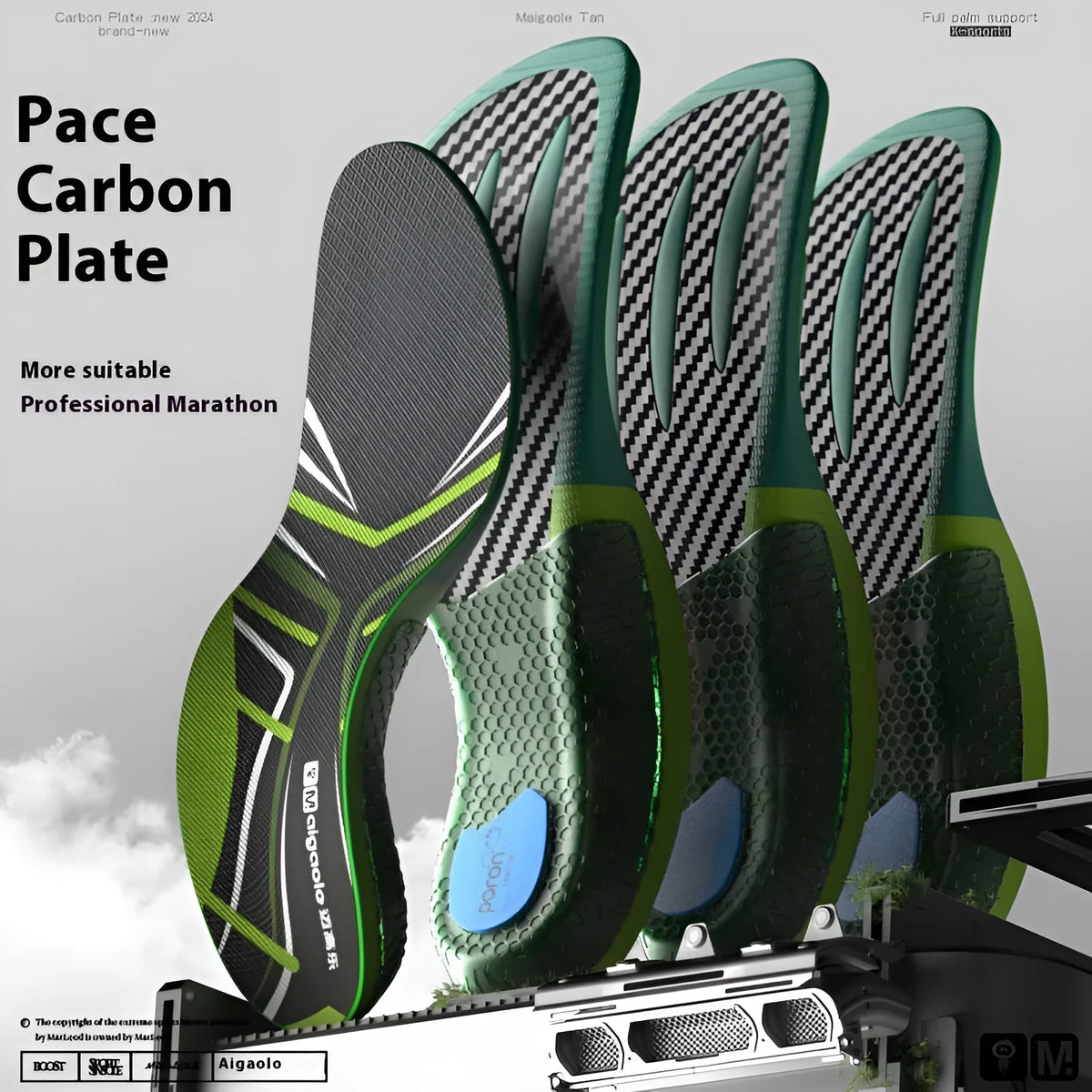 Special insole for marathon racing with carbon plate in red and green colour options