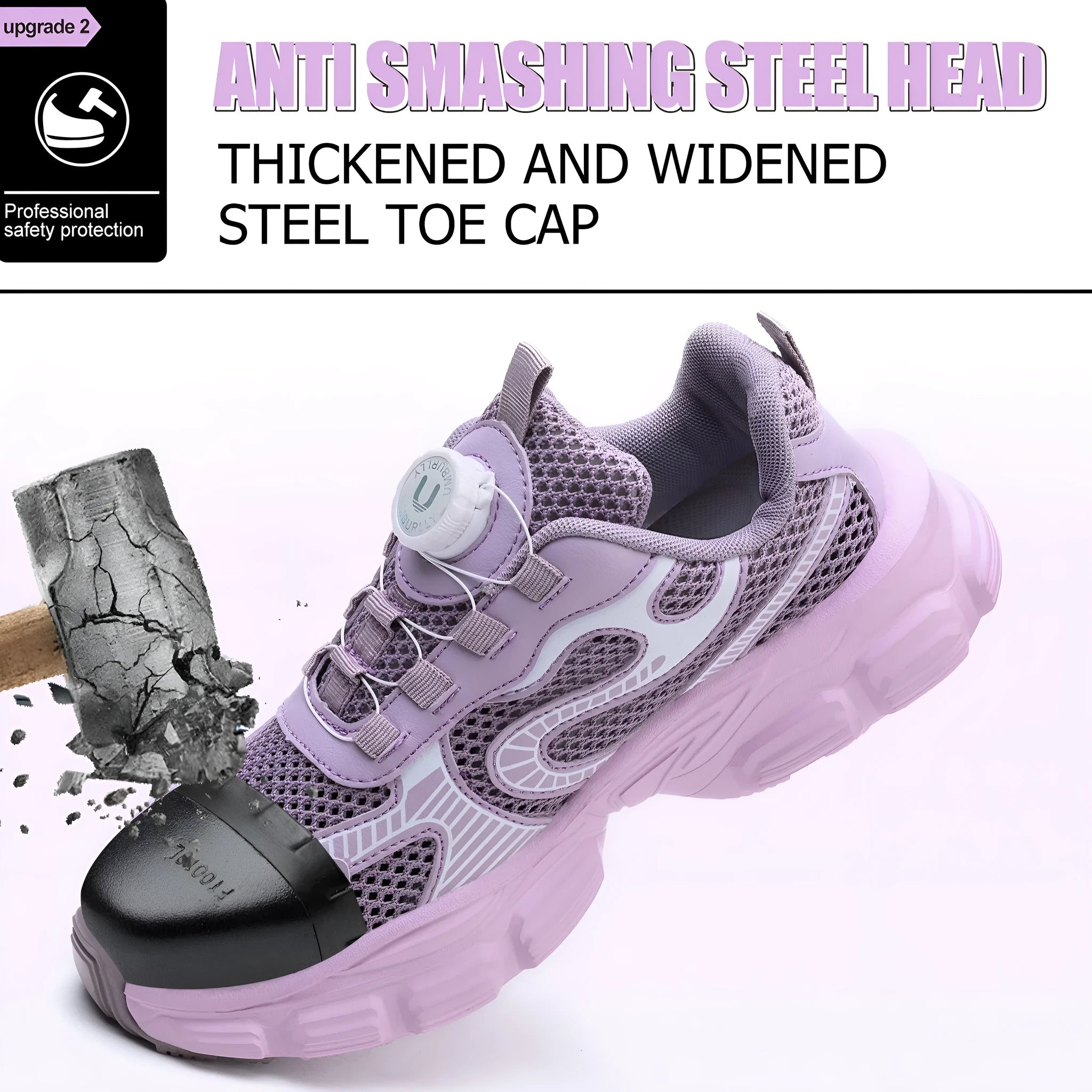 Women's black safety work shoes with fly woven mesh upper, steel toe cap, and lace-up design on a grey background.