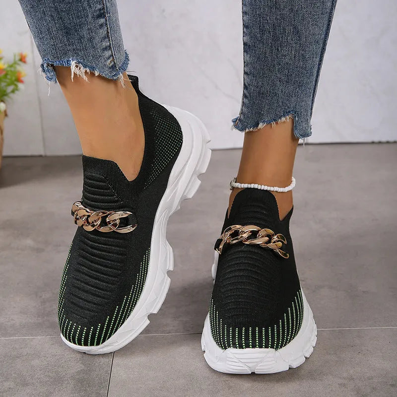 Women's beige breathable fly weaving mesh slip-on shoes with EVA sole and chunky heel