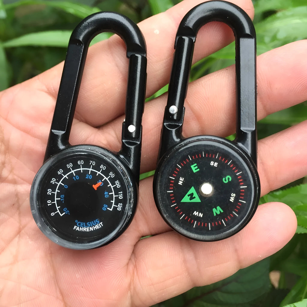 Zinc alloy camping carabiner with thermometer and compass in black, army green, or rose gold