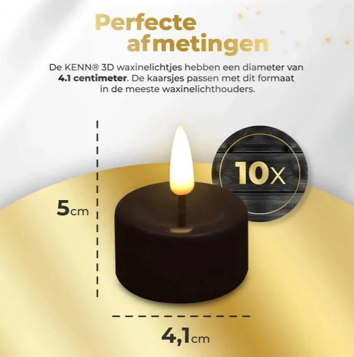 Set of four black plastic LED tealight candles showing flickering light effect.