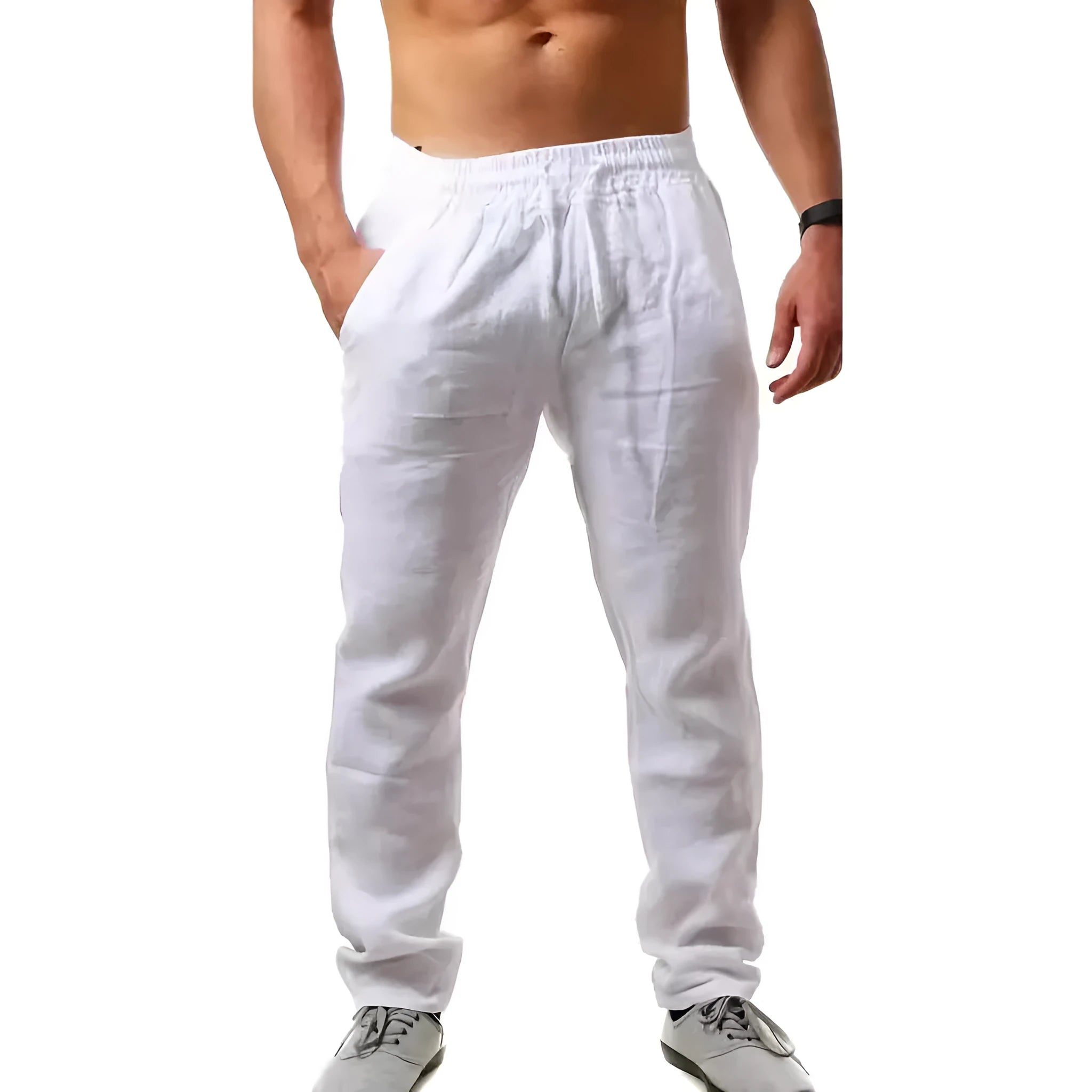 Men's cotton linen beach trousers in loose fit showing solid colour options
