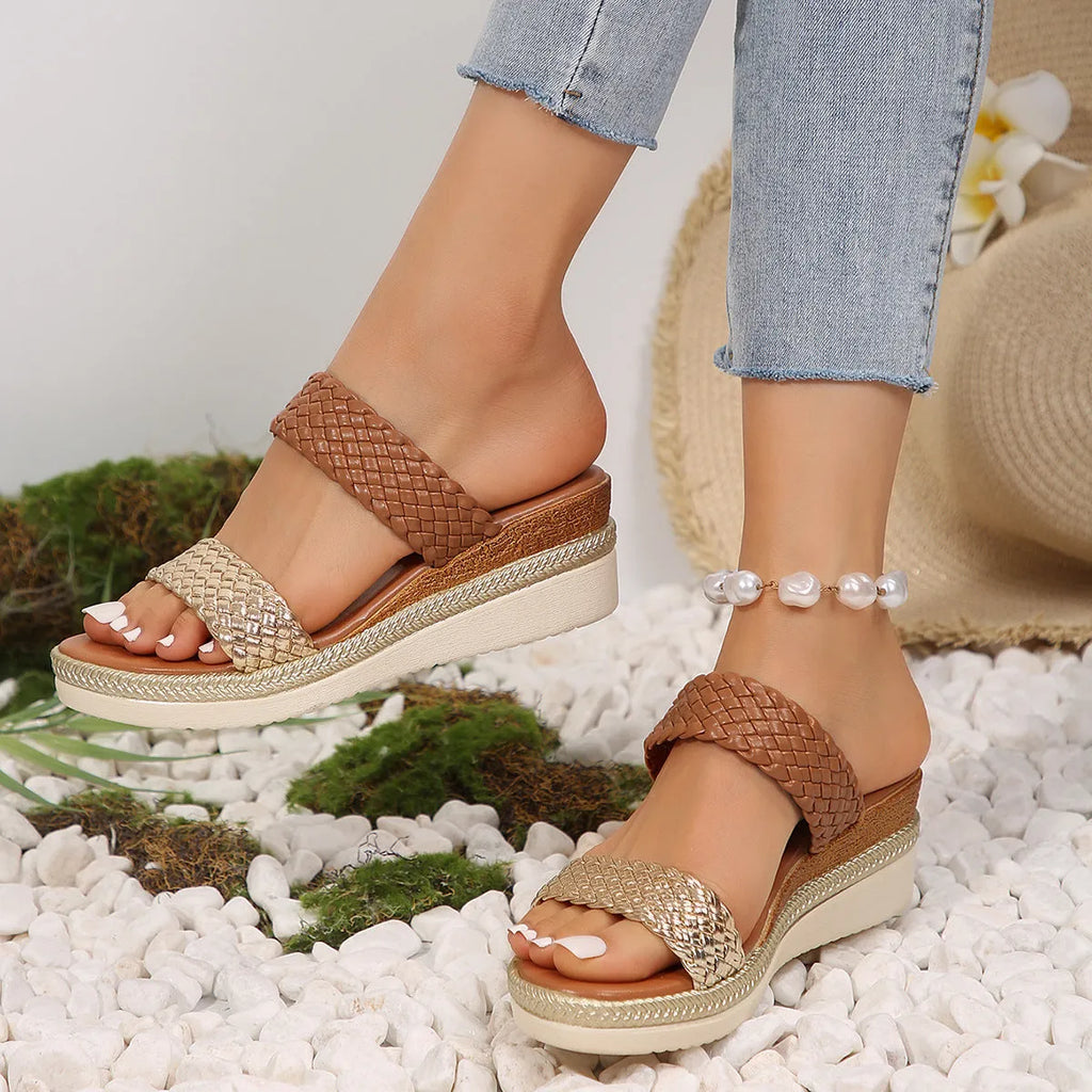 Women's gold wedge sandals showing PU upper and rubber sole in UK size 39