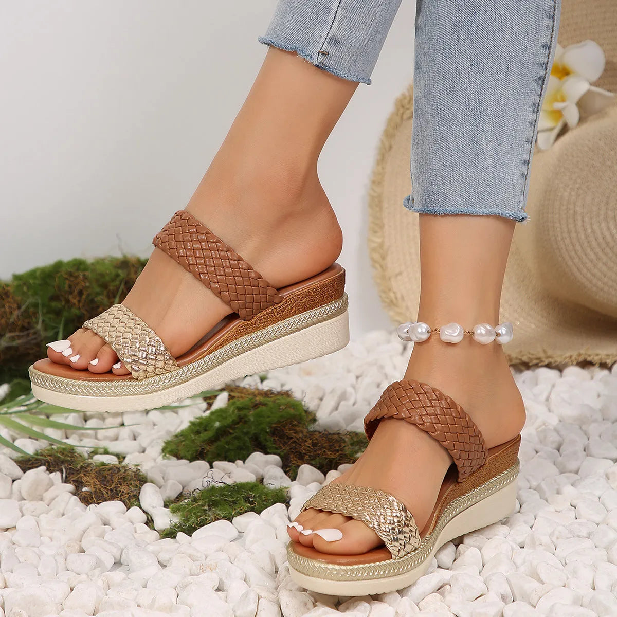 Women's gold wedge sandals showing PU upper and rubber sole in UK size 39