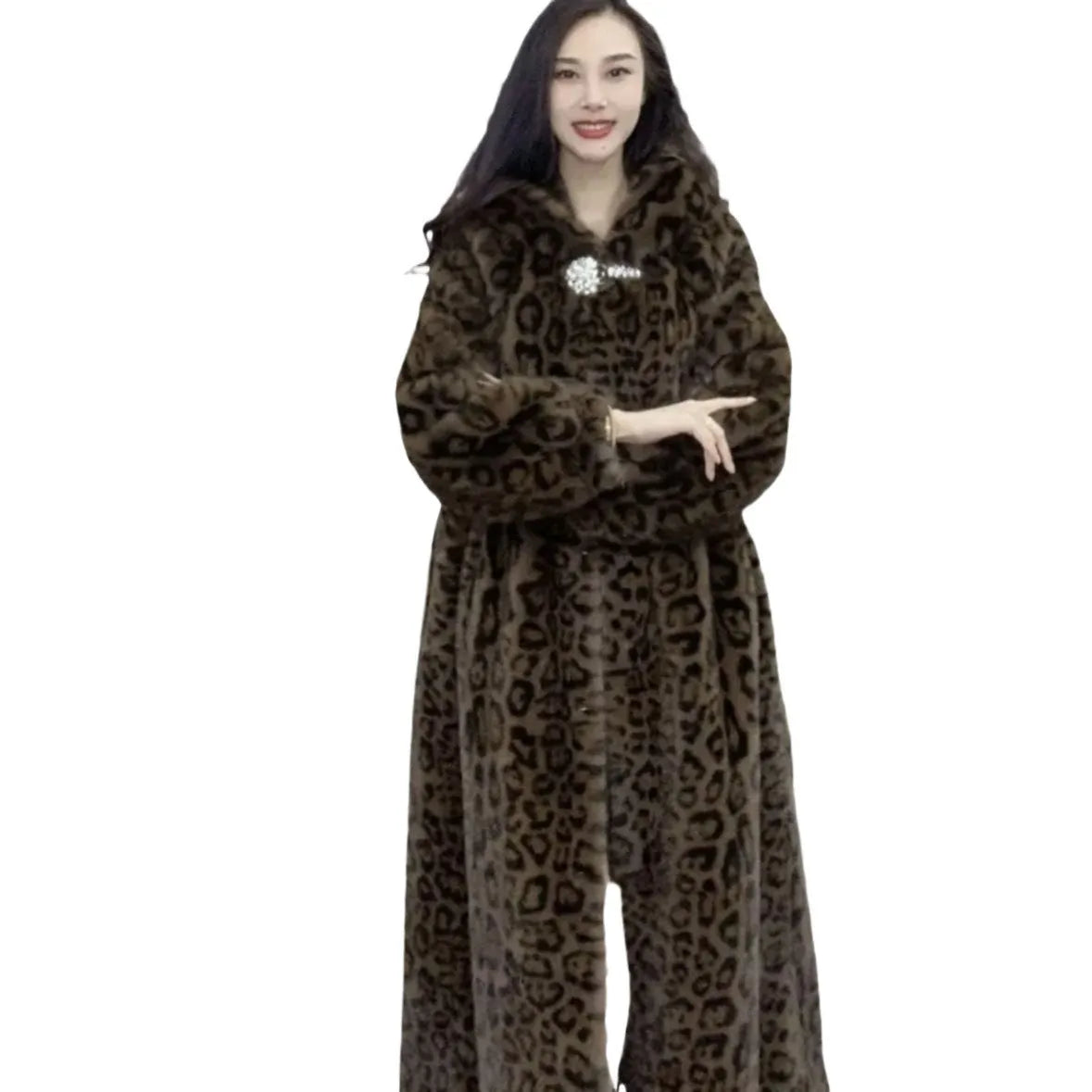 Long brown leopard print faux fur coat on a model, showing its loose plus-size fit and 100cm length.