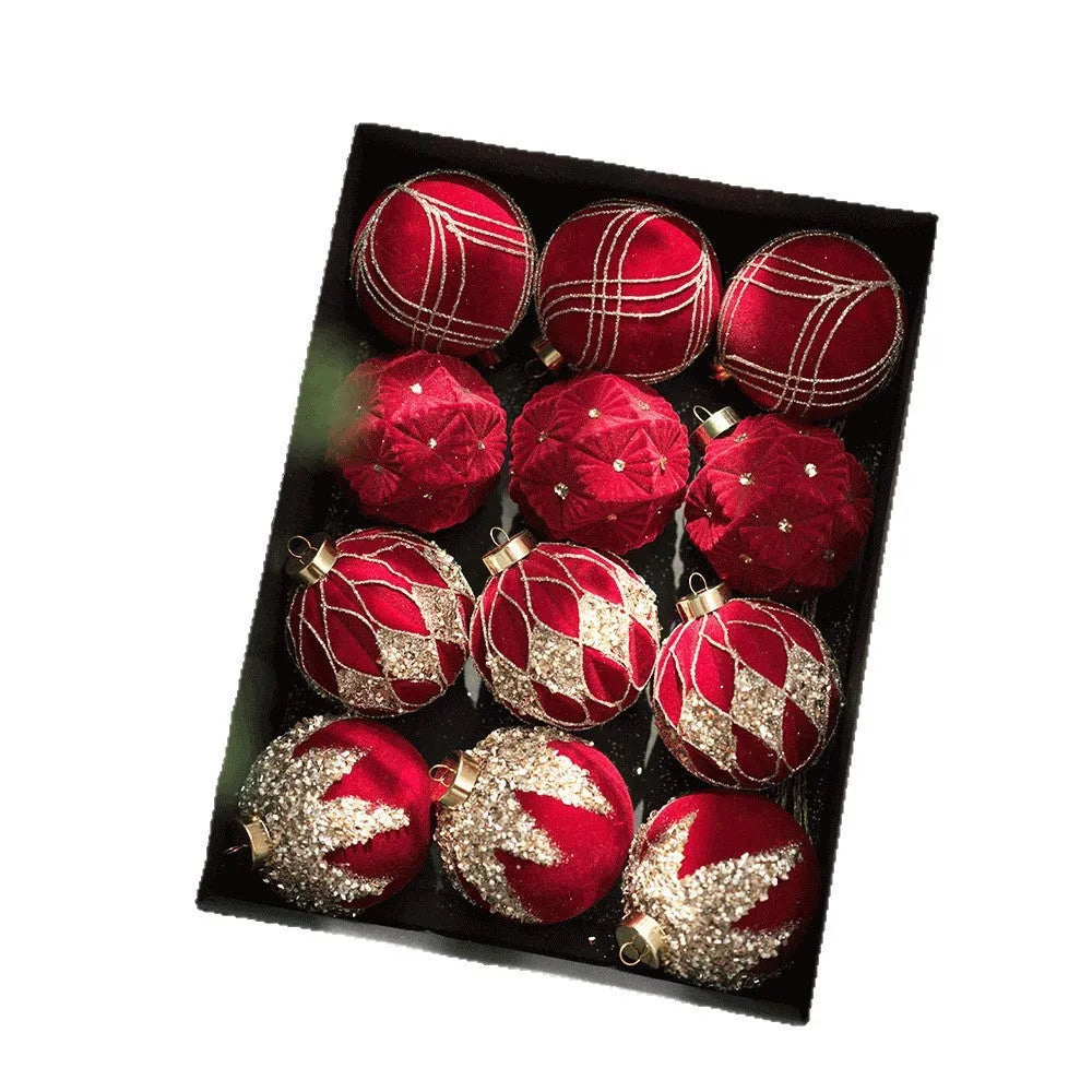 12-piece plastic flocked Christmas ball set in paper box with wine red, milky white, and Maillard colour options