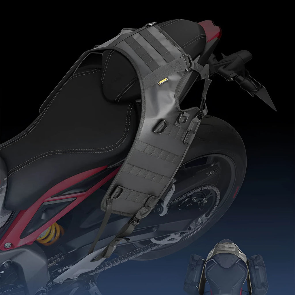 Black polyester motorcycle fuel tank mount base saddle shown flat, measuring 100cm by 40cm.