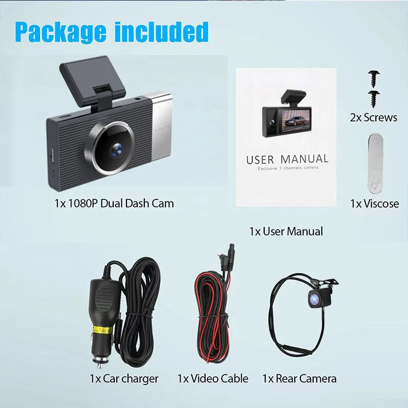 Wi-Fi driving recorder dash cam with 3-inch screen, shown with mobile app connection and multiple lens configuration options
