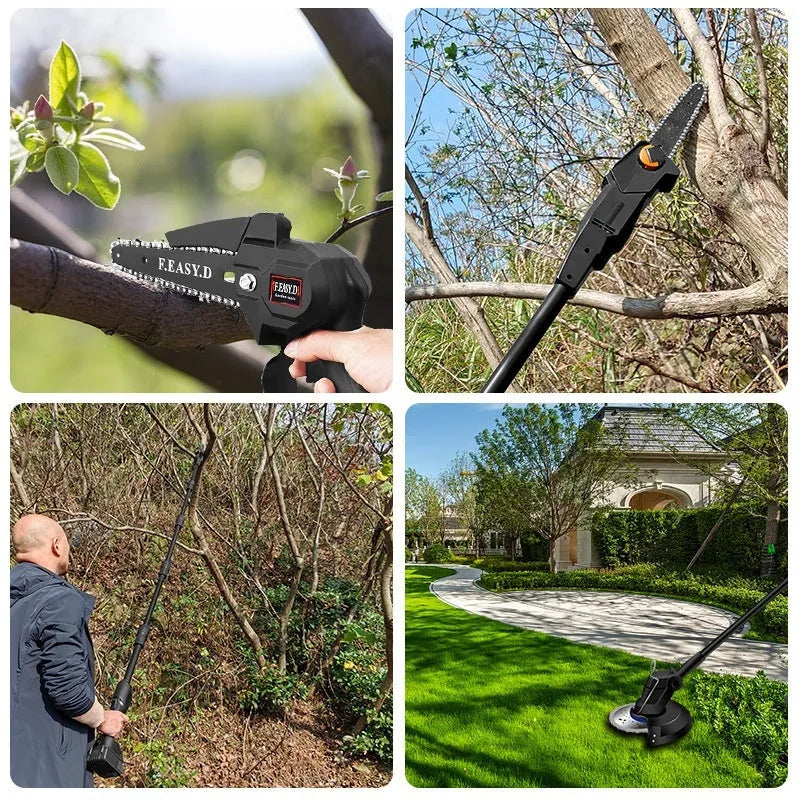 Black 24V cordless electric pruning saw with 8-inch bar and manganese steel chain for garden use