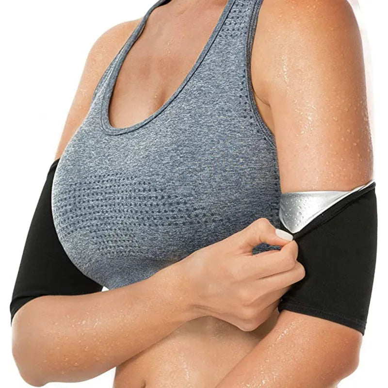 Adjustable neoprene sports armband with buckle, shown in blue, secured on an arm during exercise.