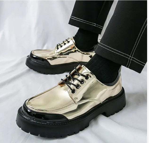 Men's D03 Black leather-look formal shoes with round head toe, front lace-up design, rubber sole, and low tube socks.