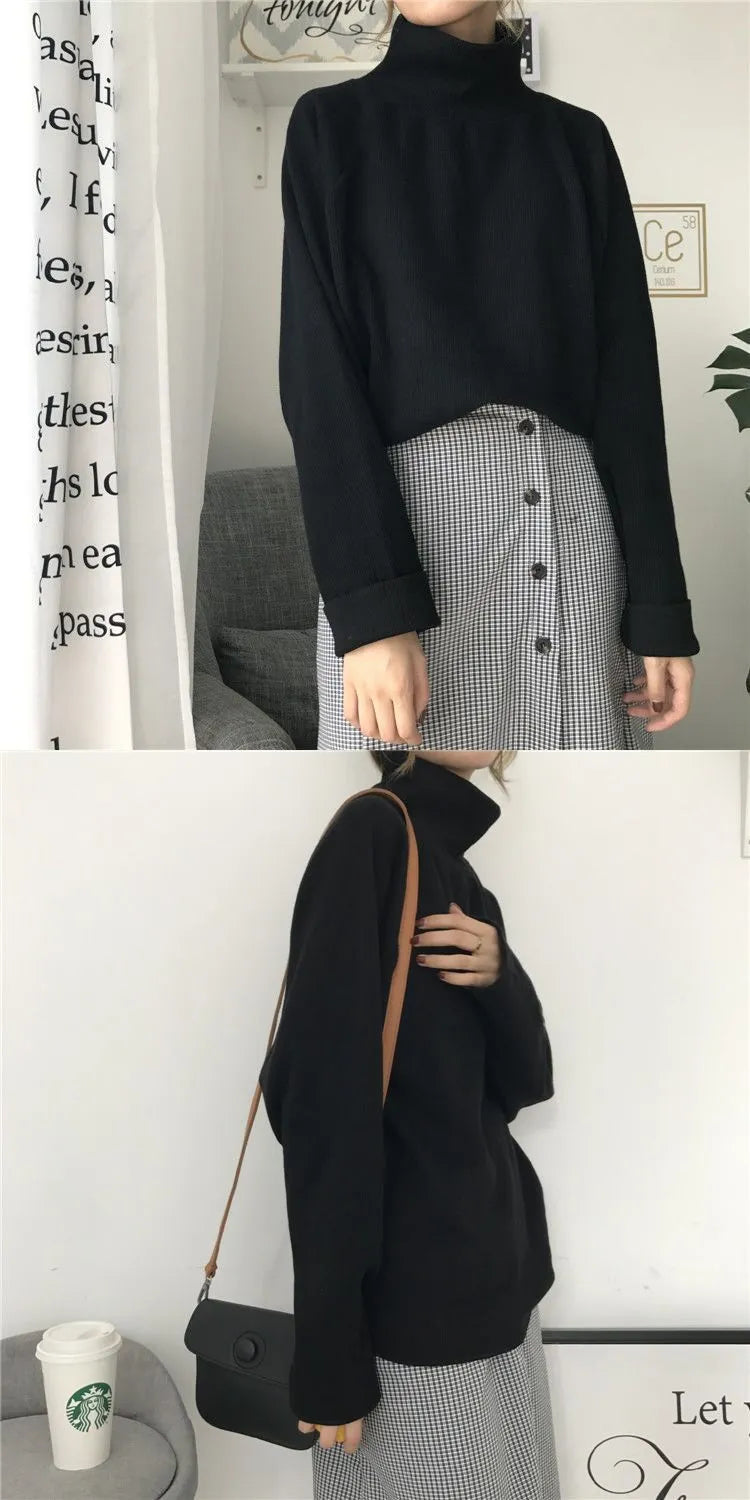Women's loose fit solid colour long sleeve top with a half-high collar in apricot, on a size chart background.
