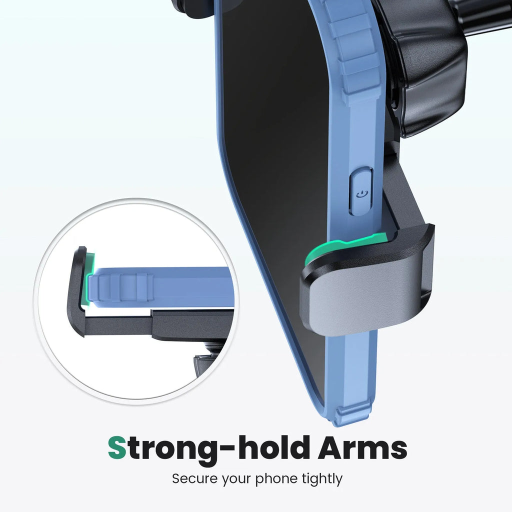 Black ABS silicone car phone holder bracket with 360 rotation and 8 strong magnets on a curved dashboard