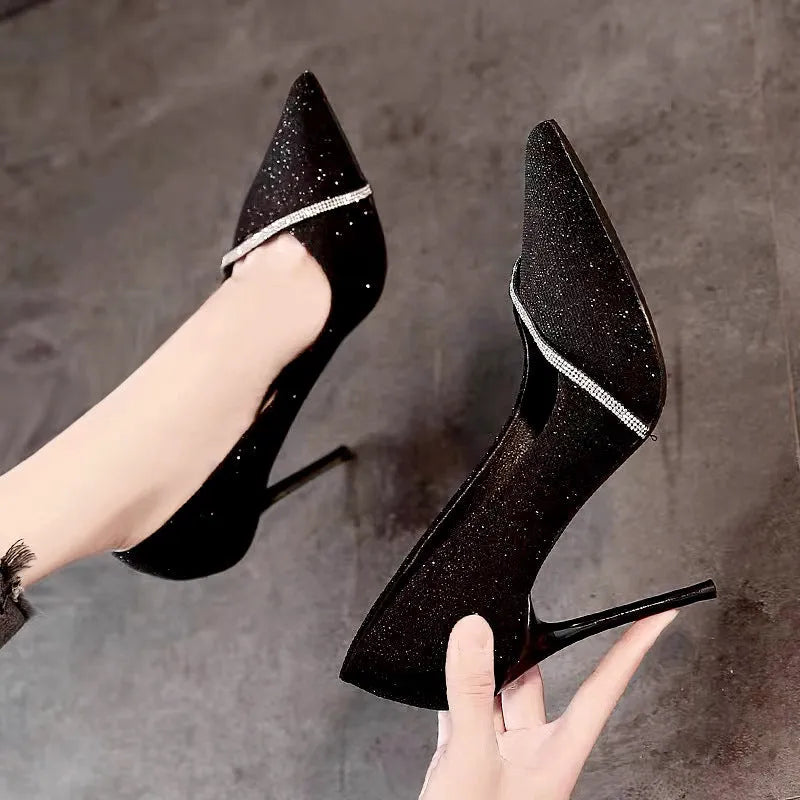 Women's black and gold stiletto pointed toe court shoes with 6cm and 9cm heel height options