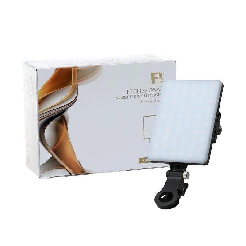 White mobile phone fill light with adjustable clip and dual colour temperature LED panel