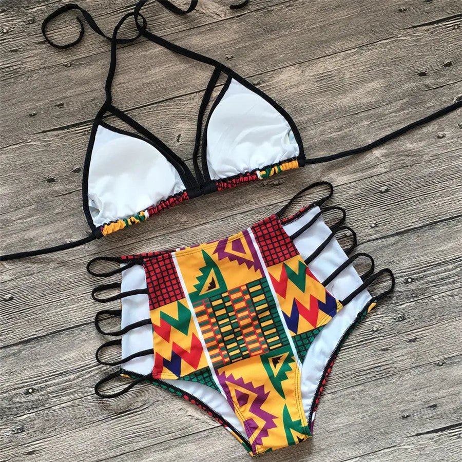 Women's high-waist bikini swimsuit with digital printing, showing top and quick-dry shorts.