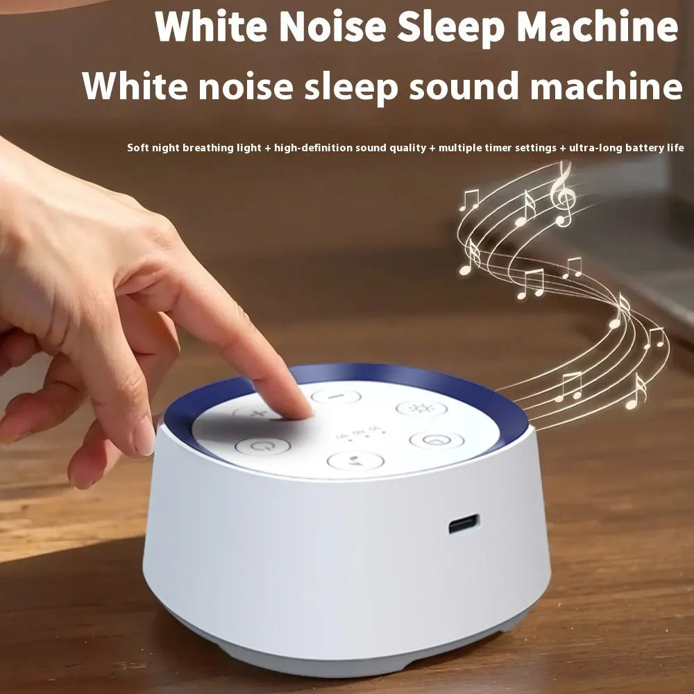 White rechargeable baby night light with 24 soothing music tracks, crying induction, and timing function.