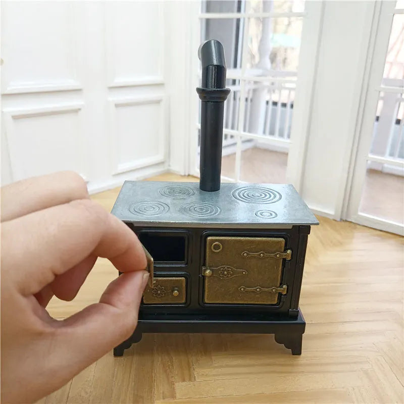 Brown miniature wrought iron stove model for dollhouse kitchen scene accessory