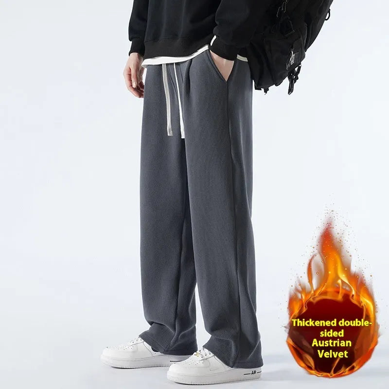 Men's apricot coloured double-sided polar fleece casual trousers with a loose fit and drawstring waist.