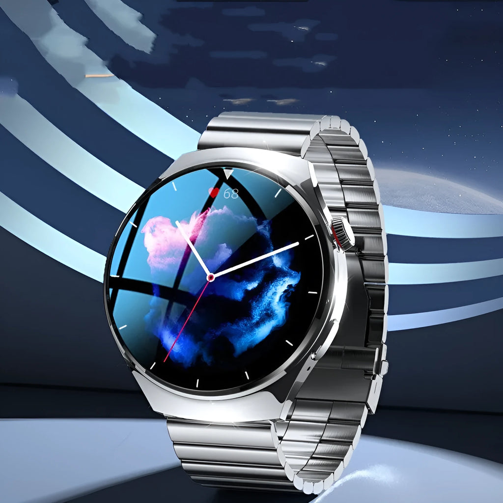 Smart watch with sleep monitoring and Bluetooth calling, available in black steel and silver glue options