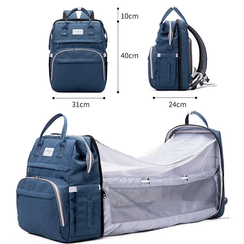 Upgraded multifunctional maternity diaper backpack in black with foldable portable crib and large capacity