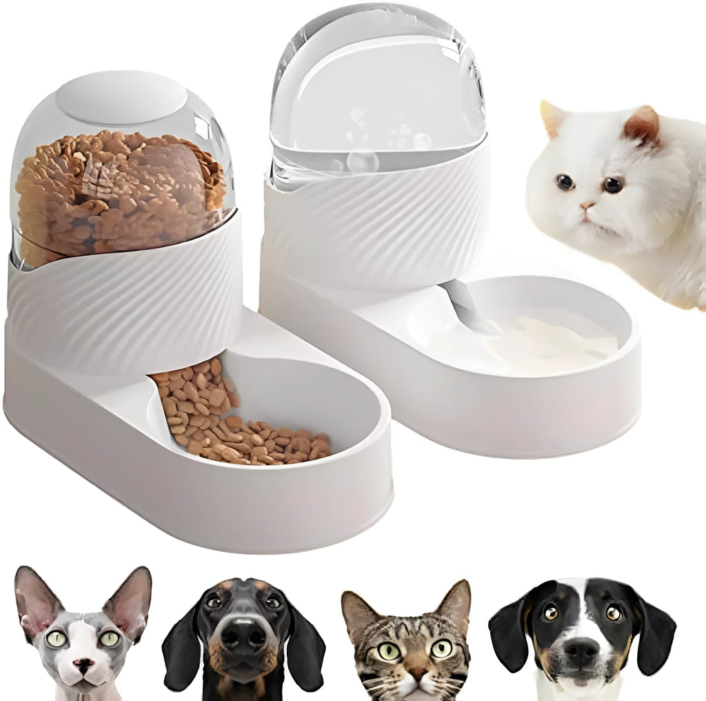 Pure white gravity cat feeder and water dispenser set with wave-shaped shell.