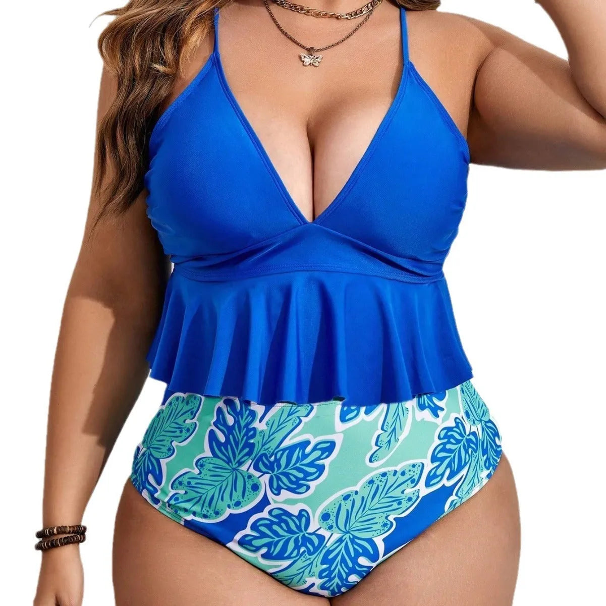 Blue plus size women's bikini set with split briefs style and matching top