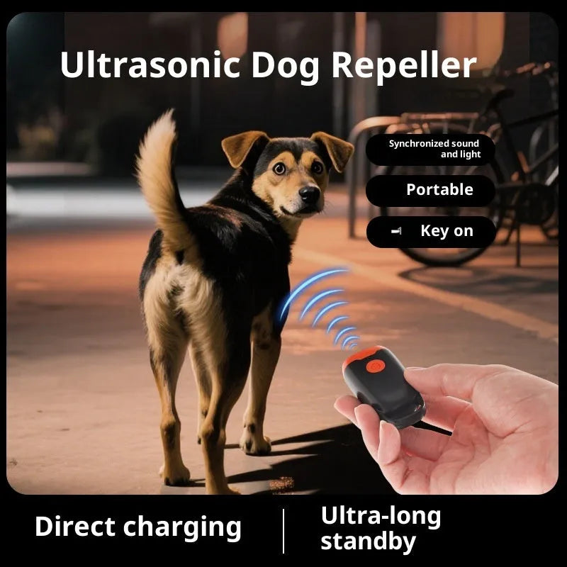 Mini ultrasonic dog dispeller in black and orange ABS casing measuring 3x2x6cm