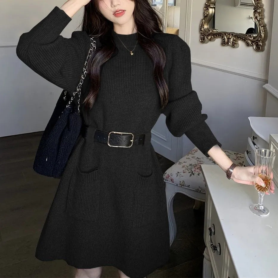Women's long sleeve loose knitted high waist dress with black belt in beige, black, striped, khaki, or red colours