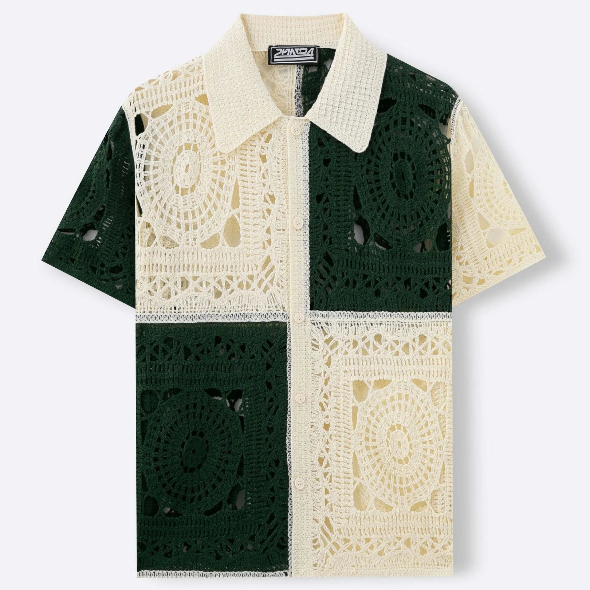 Beige colourblock men's short sleeve knit shirt with flocking pattern and regular fit