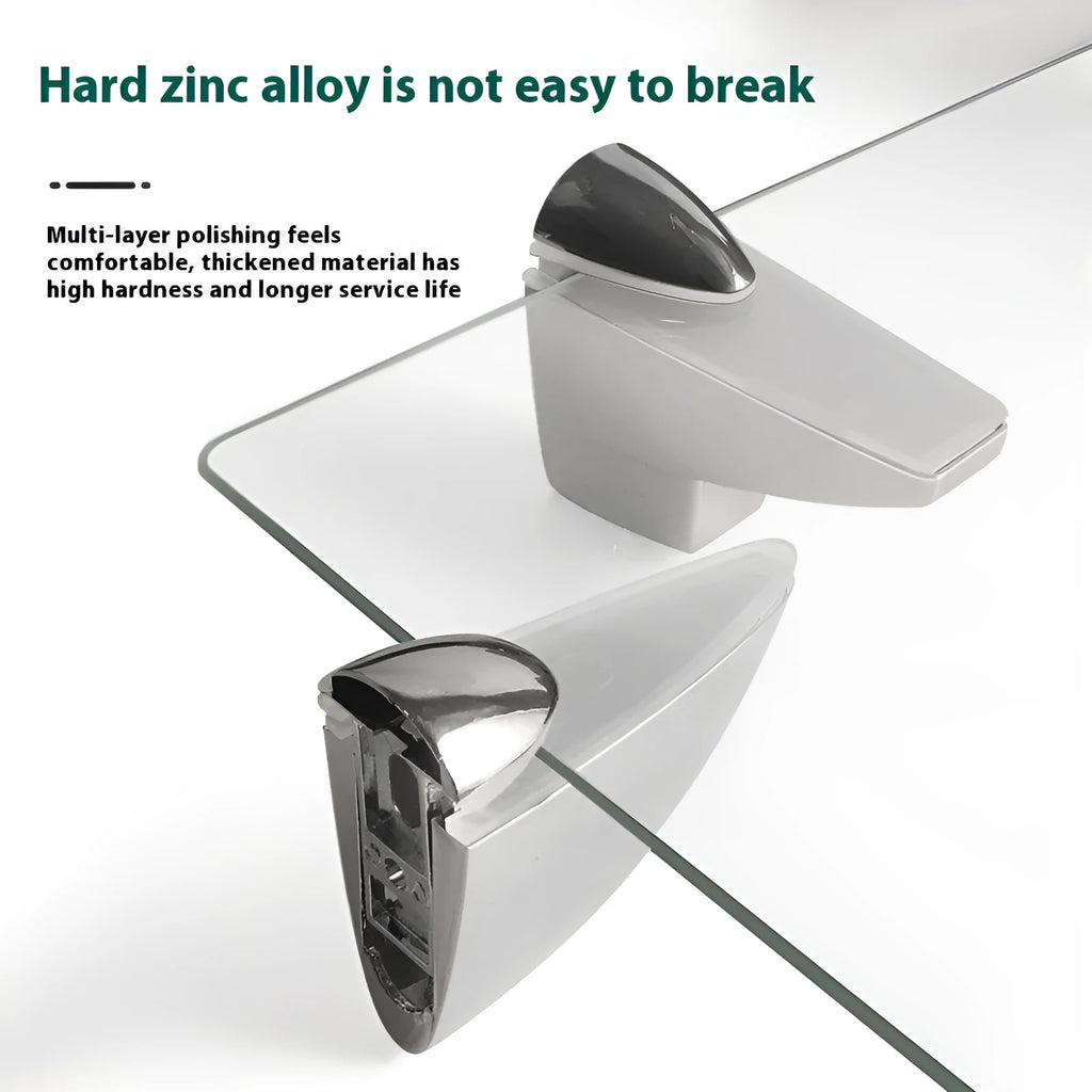Electroplated adjustable glass partition holder in Olecranon and Fish Mouth styles with multiple size options.