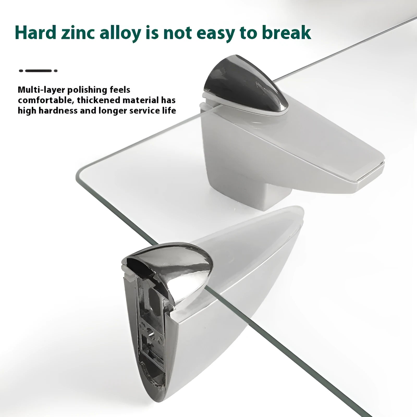 Electroplated adjustable glass partition holder in Olecranon and Fish Mouth styles with multiple size options.